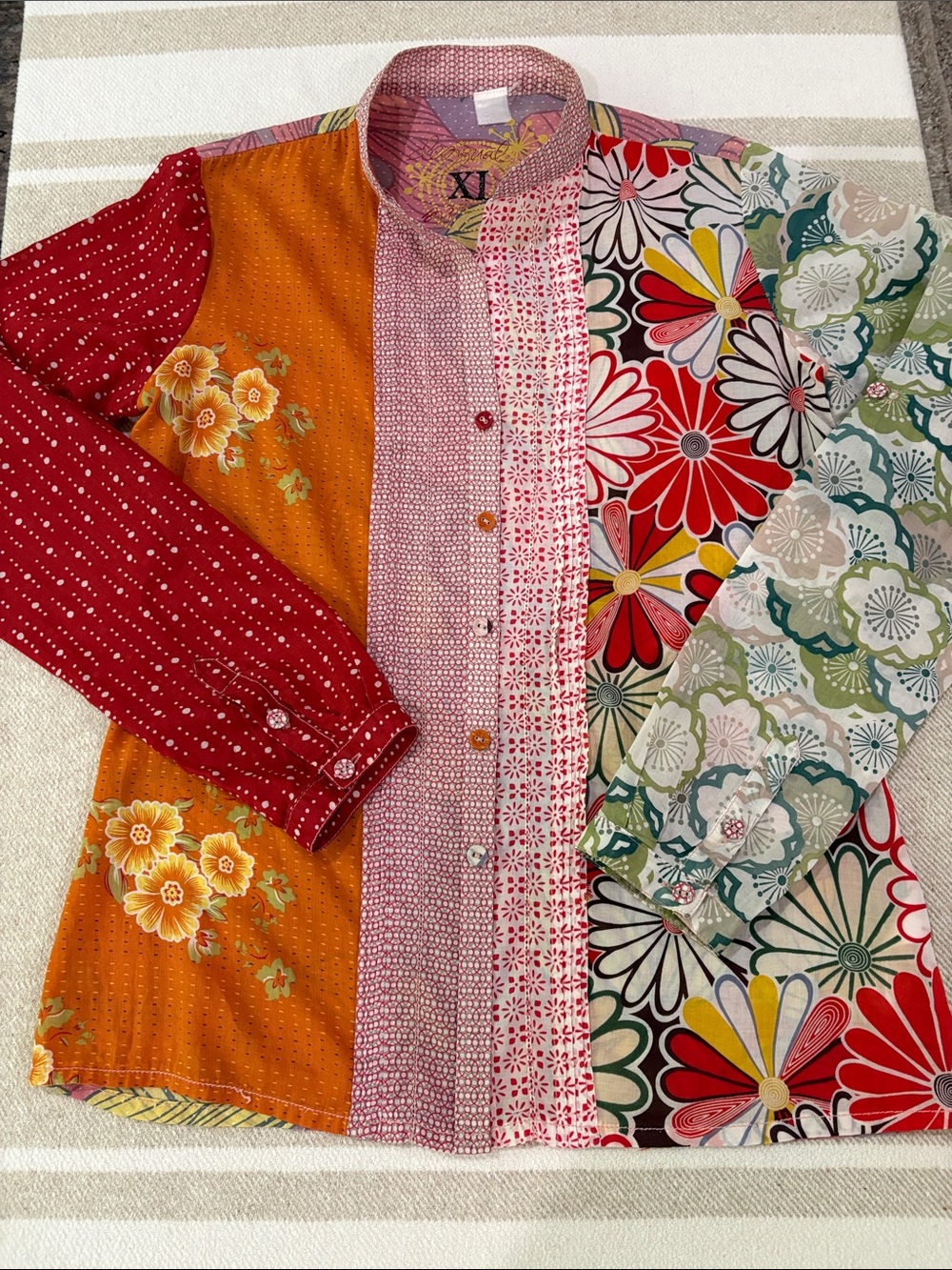 Desigual Colorblock Floral Patchwork Button-Up Lightweight Cotton Shirt Fits L